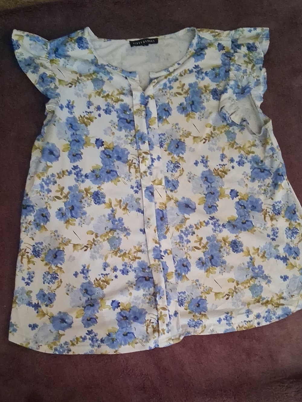 White and Blue Floral Ruffle Sleeve Blouse